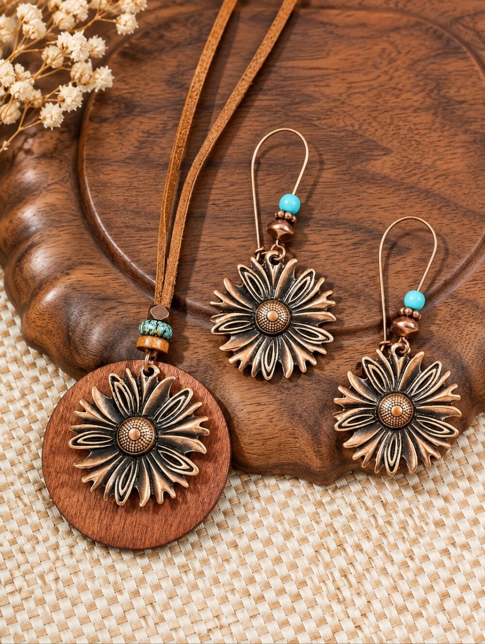 Boho Sunflower Necklace Earrings Set Bronze Turquoise Wood Pendant New